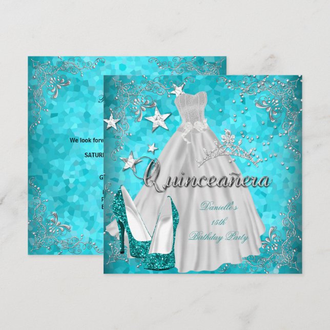 Quinceanera 15. Aquamarin Shimmer Glitzer Einladung (Vorne/Hinten)