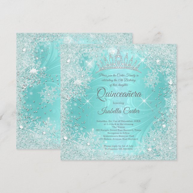 Quinceanera 15. Aquamarin Snowflake Winterwonderla Einladung (Vorne/Hinten)