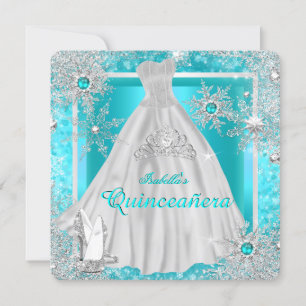 Quinceanera 15. Aquamarin Winter Wonderland Schnee Einladung