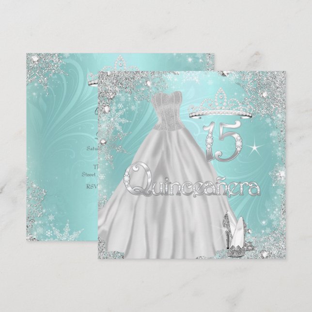 Quinceanera 15. Aquamarine Silberschneeflocken Par Einladung (Vorne/Hinten)