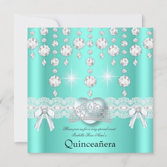 Quinceanera 15. Aquamariner Silberherz Diamonds Einladung (Vorderseite)
