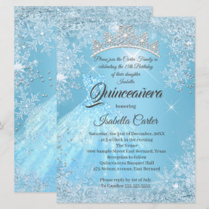 Quinceanera 15. Aschenputtel Blauer Schneeflocken Einladung