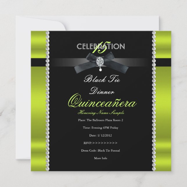 Quinceanera 15. Black Krawatte Limette Green Black Einladung (Vorderseite)