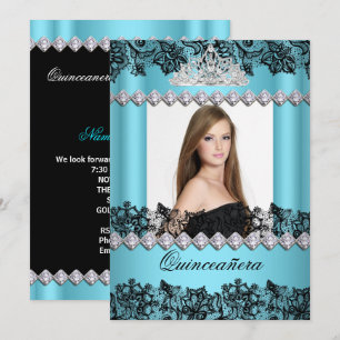 Quinceanera 15. Blau Schwarz Weiß Spitze Foto Einladung