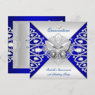 Quinceanera 15. Blau Silber Schmetterlings Tiara Einladung