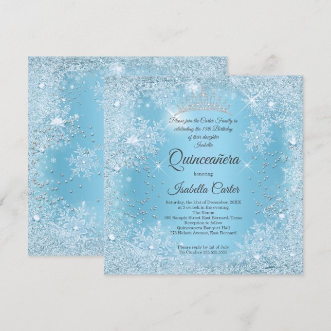 Quinceanera 15. Blauer Schneeflocken Winter Geburt Einladung (Vorne/Hinten)