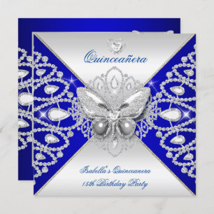 Quinceanera 15. Blauer Silberschmetterling Tiara Einladung