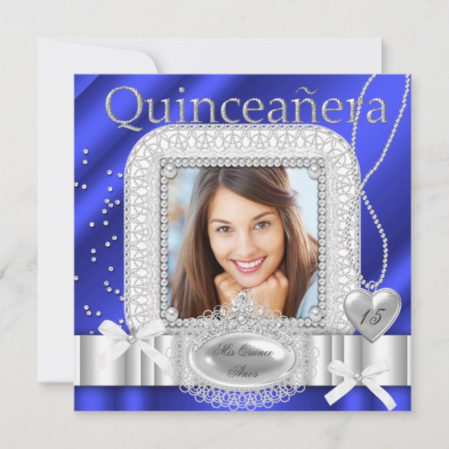 Quinceanera 15. Blauer Weißer Spitzenpearl Foto Einladung (Vorderseite)