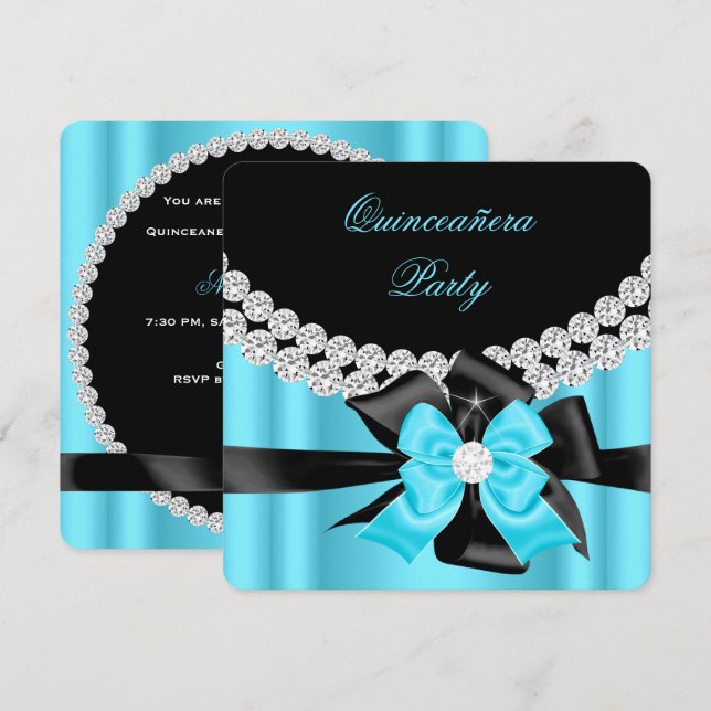 Quinceanera 15. Blue Silver Black Bow Diamonds 2 Einladung (Vorne/Hinten)