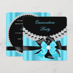 Quinceanera 15. Blue Silver Black Bow Diamonds 2 Einladung