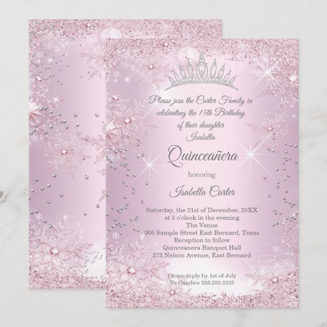 Quinceanera 15. Blush Pink Snowflake Winter Einladung (Vorne/Hinten)