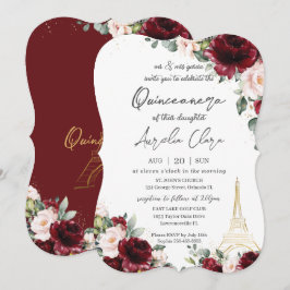 Quinceañera 15 Burgundy Blush Floral Eiffel Paris Einladung