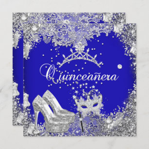 Quinceanera 15. Cobalt Blue Silver Maske Tiara Einladung