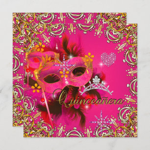 Quinceanera 15. Coral Pink Masquerade Party Gold Einladung