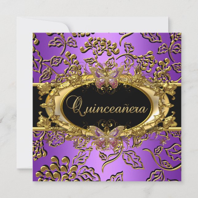 Quinceanera 15. Damask Lila Gold Black Einladung (Vorderseite)
