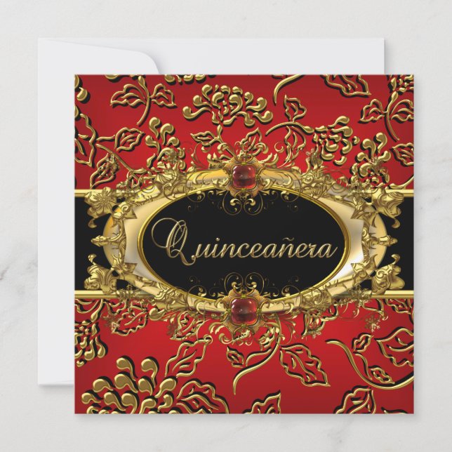 Quinceanera 15. Damask Red Gold Black Einladung (Vorderseite)