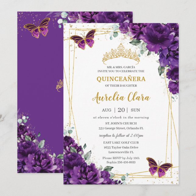 Quinceañera 15 Dark Royal Lila Floral Butterfly Einladung (Vorne/Hinten)