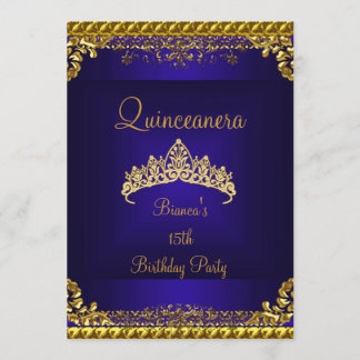 Quinceanera 15. Deep Blue Gold Diamond Tiara Einladung