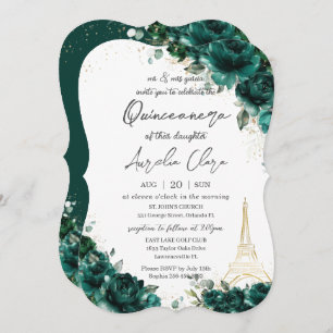 Quinceañera 15 Emerald Green Floral Eiffel Paris Einladung