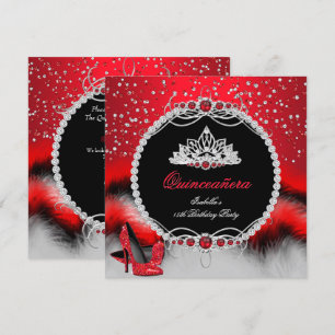 Quinceanera 15. Feder Rot Perlen Glamour Absätze Einladung