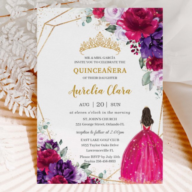 Quinceañera 15 Fuchsia Dress Lila Lilac Floral Einladung (Von Creator hochgeladen)