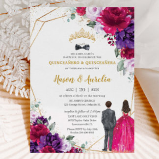 Quinceañera 15 Fuchsia Lila Lilac Floral Twins Einladung