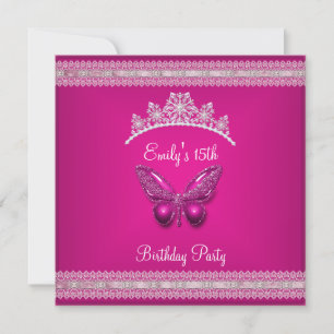 Quinceanera 15. Fushia Rosa Diadem Schmetterling Einladung