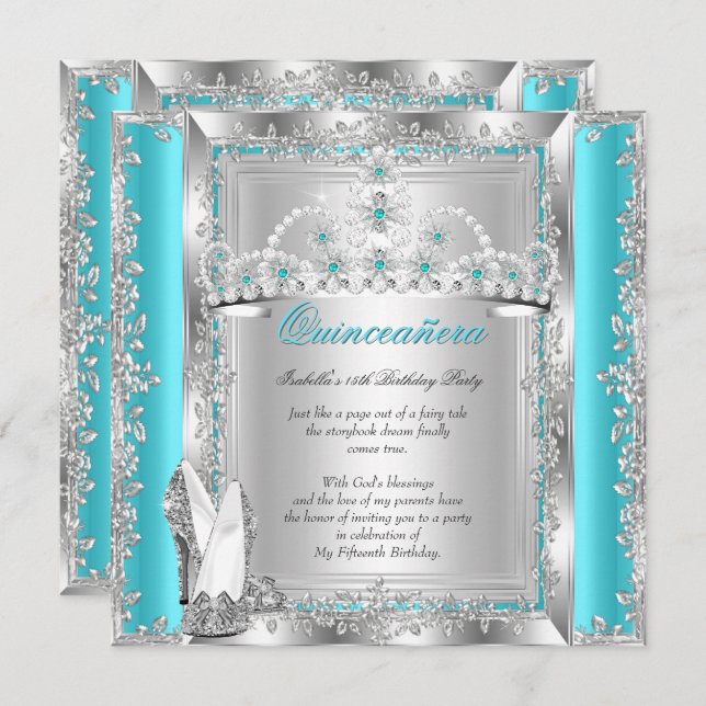 Quinceanera 15. Geburtstag Aquamarin Blue Silver T Einladung (Vorne/Hinten)