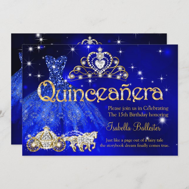 Quinceanera 15 Geburtstag Blue Dress Tiara Carriag Einladung (Vorne/Hinten)
