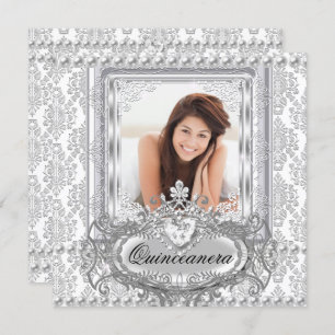Quinceanera 15. Geburtstag Damask Silber Weiß Einladung