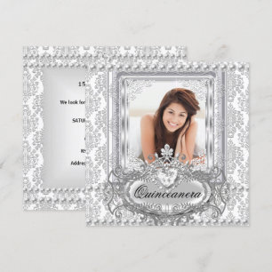 Quinceanera 15. Geburtstag Damast Silber Weiß Einladung