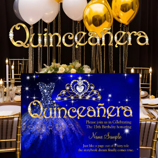 Quinceanera 15. Geburtstag Dark Blue Dress Tiara Einladung