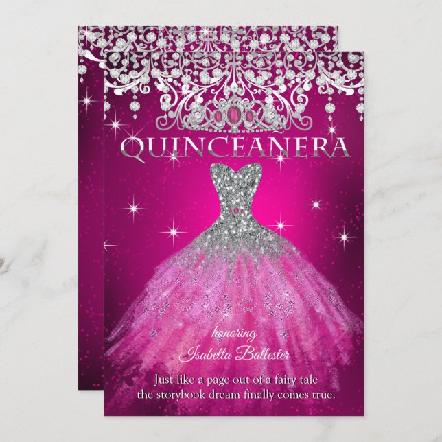 Quinceanera 15. Geburtstag FUCHSIA Pink Tiara Einladung (Vorne/Hinten)