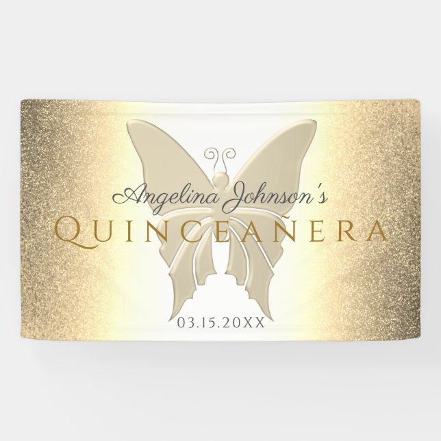 Quinceanera 15. Geburtstag Glitzer Gold Butterfly Banner (Horizontal)