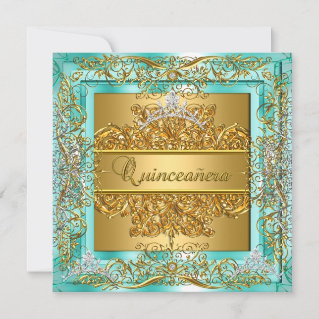 Quinceañera 15. Geburtstag Gold Aquamarin Silver T Einladung (Vorderseite)