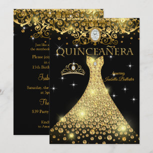 Quinceanera 15. Geburtstag Gold Schwarze Tiara Einladung