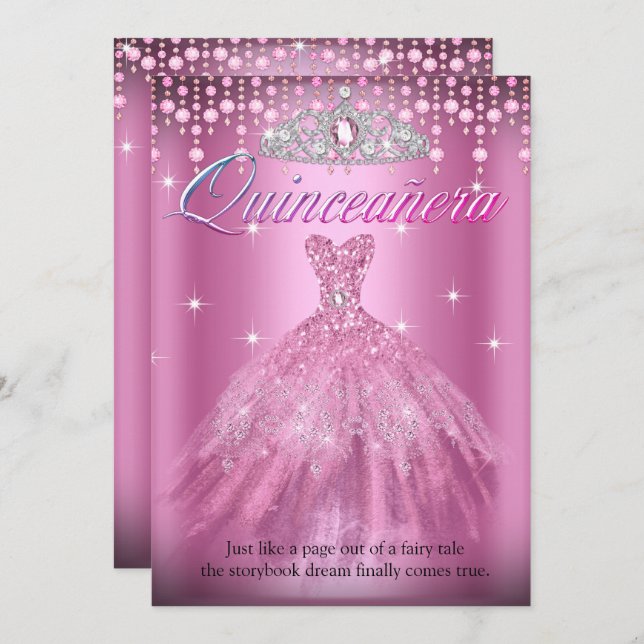 Quinceanera 15. Geburtstag Hübsch Pink Kleid Tiara Einladung (Vorne/Hinten)