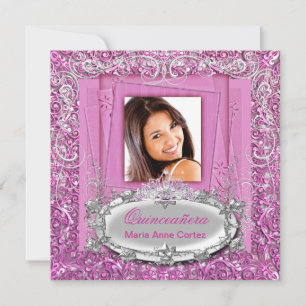 Quinceañera 15. Geburtstag Hübsches Rosa Weiß Silb Einladung