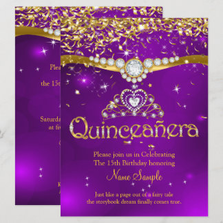 Quinceanera 15. Geburtstag Lila Confetti Gold Einladung