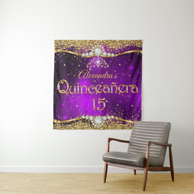 Quinceanera 15. Geburtstag Lila Gold Confetti Wandteppich (Beispiel)