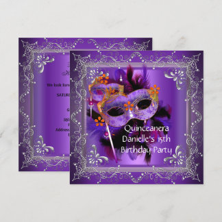 Quinceanera 15. Geburtstag Masquerade Maske Lila Einladung