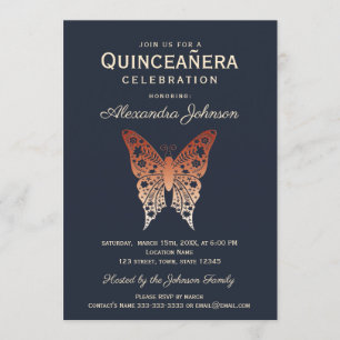 Quinceanera 15. Geburtstag Navy und Roségold Einladung