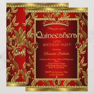 Quinceanera 15 Geburtstag Red Ruby Jewel Tiara Gol Einladung