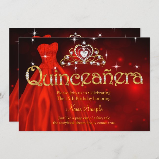 Quinceanera 15. Geburtstag Regal Red Dress Tiara Einladung (Vorne/Hinten)