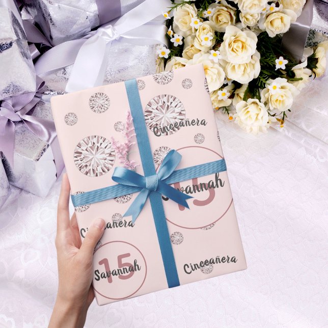 Quinceanera 15. Geburtstag Rose Gold rosa Diamante Geschenkpapier (Von Creator hochgeladen)