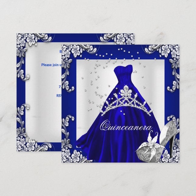 Quinceanera 15. Geburtstag Royal Blue Dress Gown Einladung (Vorne/Hinten)