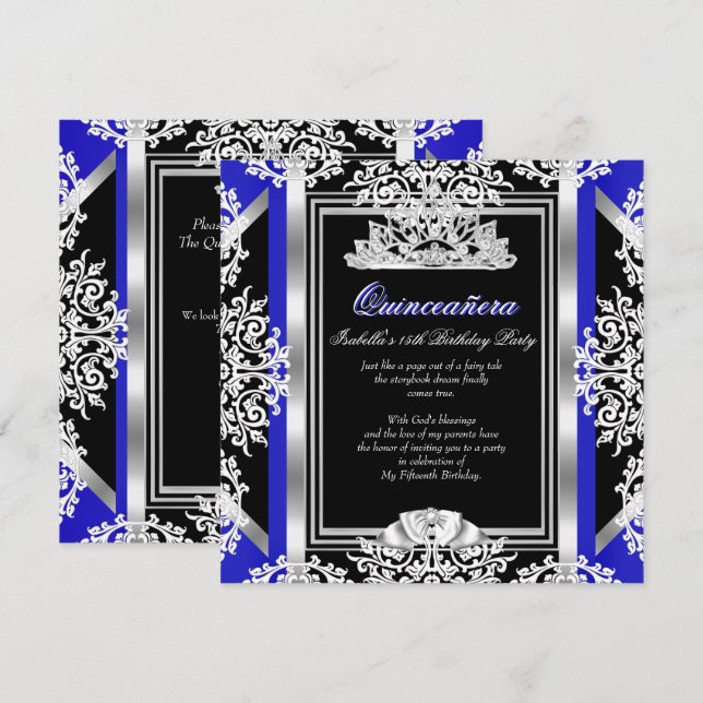 Quinceanera 15. Geburtstag Royal Blue Silver Black Einladung (Vorne/Hinten)