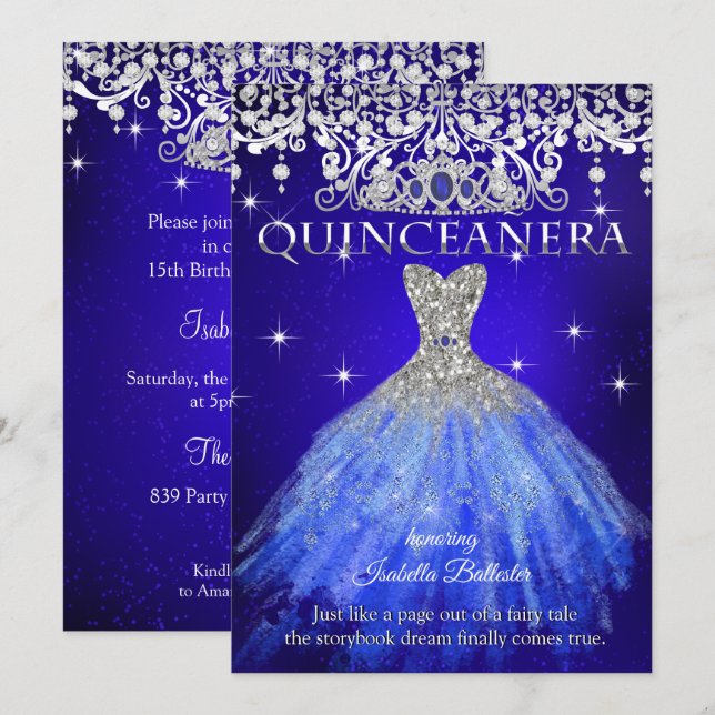 Quinceanera 15. Geburtstag Royal Blue Tiara Einladung (Vorne/Hinten)
