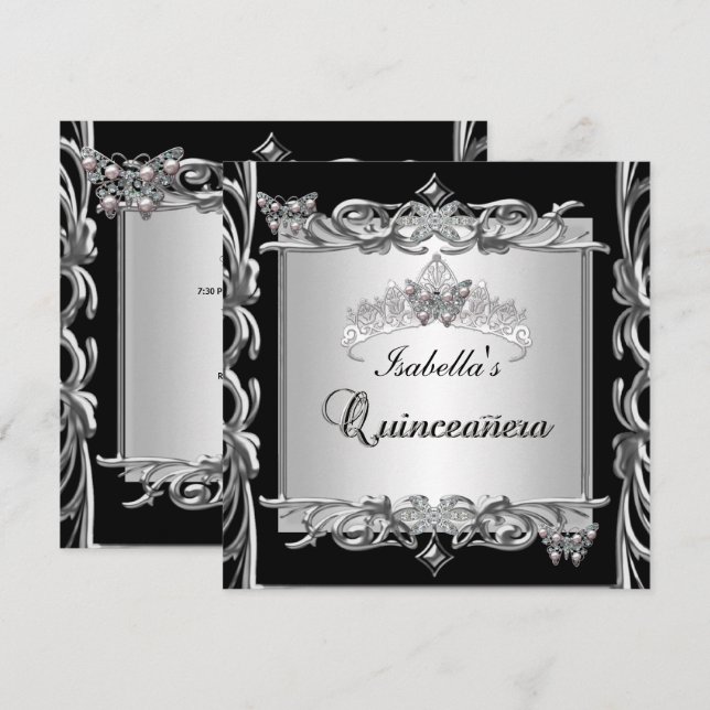 Quinceanera 15. Geburtstag Schmetterlinge Silbersc Einladung (Vorne/Hinten)