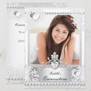 Quinceanera 15. Geburtstag Silber Weiße Herzen 3 Einladung